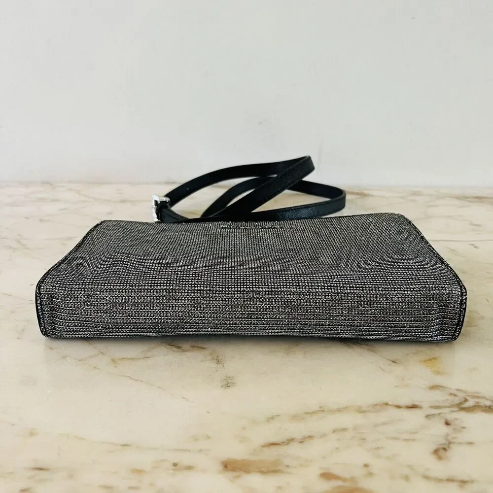 MICHAEL KORS Black Metallic Silver Fabric Crossbody Clutch Bag